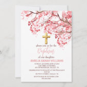さくらんぼブロッサムエレガントフローラクロスガールバプテスマ 招待状 (正面)