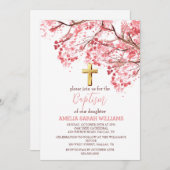 さくらんぼブロッサムエレガントフローラクロスガールバプテスマ 招待状 (正面/裏面)