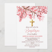 さくらんぼブロッサムエレガントフローラクロスガールバプテスマ 招待状 (正面/裏面)