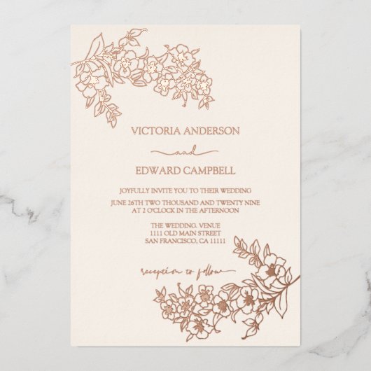 さくらんぼブロッサムエレガント実在バラ金ゴールド結婚の 箔招待状 (正面)