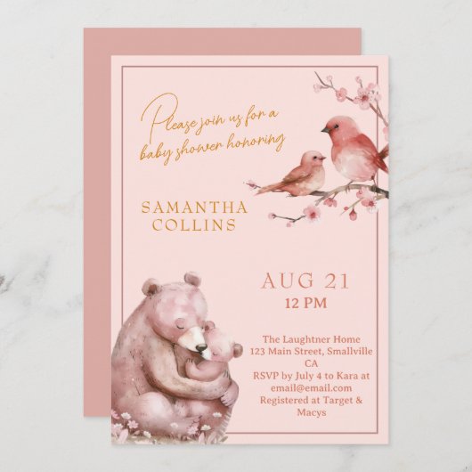 さくらんぼブロッサムガールウッドランドベビーシャワー 招待状 (正面/裏面)