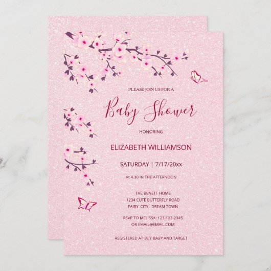 さくらんぼブロッサムガールベビーシャワー 招待状 (正面/裏面)