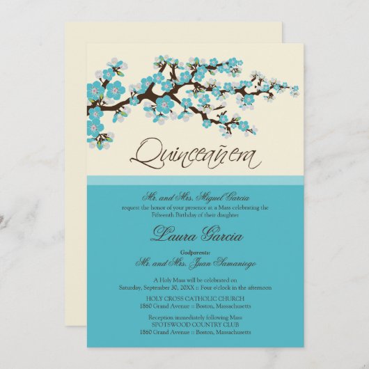 さくらんぼブロッサムキンセアニェラ招待状（アクア） 招待状 (正面/裏面)