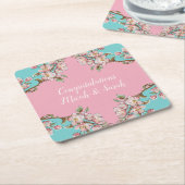 さくらんぼブロッサムティール（緑がかった色）レトロヴィンテージベビーシャワー スクエアペーパーコースター (アングル)