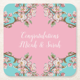 さくらんぼブロッサムティール（緑がかった色）レトロヴィンテージベビーシャワー スクエアペーパーコースター