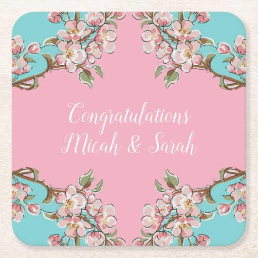 さくらんぼブロッサムティール（緑がかった色）レトロヴィンテージベビーシャワー スクエアペーパーコースター (正面)