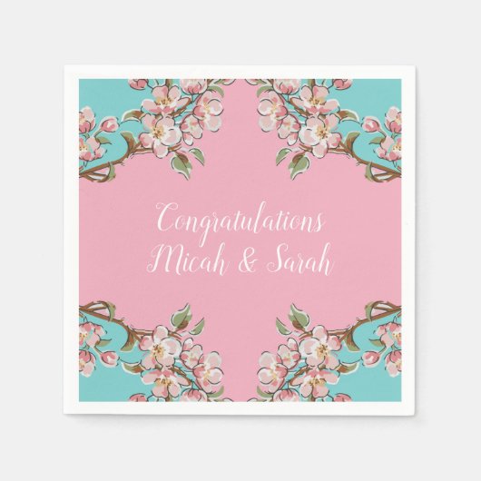 さくらんぼブロッサムティール（緑がかった色）レトロヴィンテージベビーシャワー スタンダードカクテルナプキン (正面)