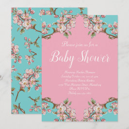 さくらんぼブロッサムティール（緑がかった色）レトロヴィンテージベビーシャワー 招待状