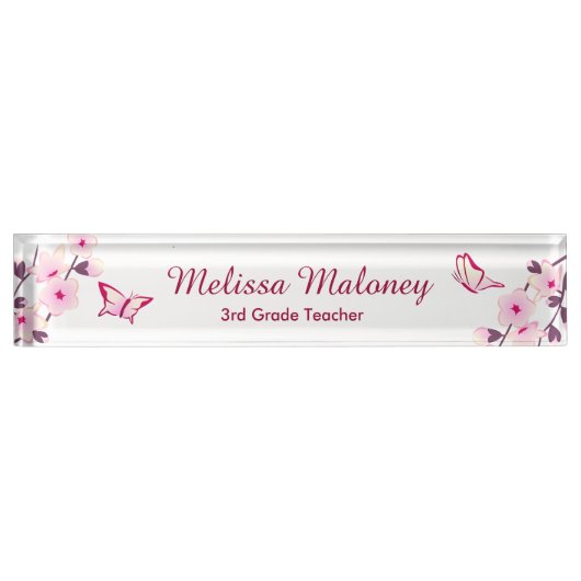さくらんぼブロッサムバタフライピンクホワイト先生 デスクネームプレート (正面)