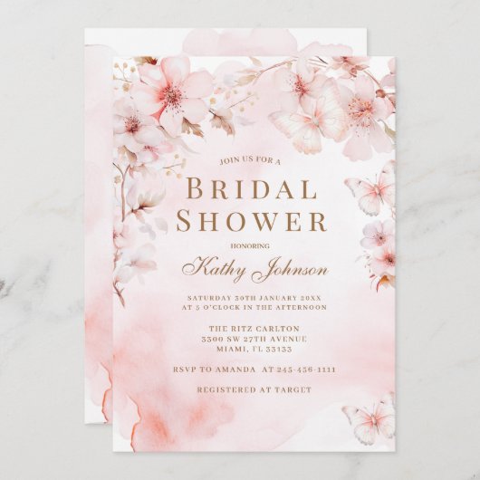 さくらんぼブロッサムバタフライフローラブライダルシャワー 招待状 (正面/裏面)
