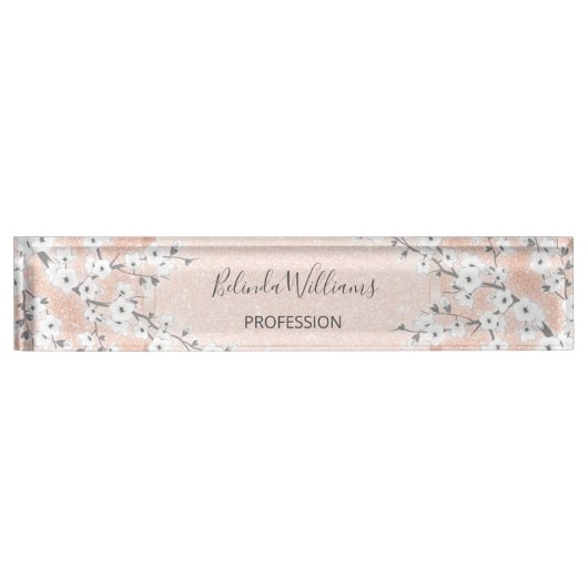 さくらんぼブロッサムバラ金ゴールド赤面グリッター デスクネームプレート (正面)