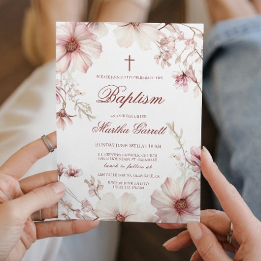 さくらんぼブロッサムピンクとホワイトガールズバプテスマ 招待状