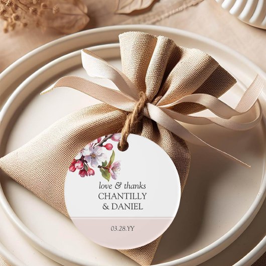 さくらんぼブロッサムピンクとホワイト結婚式の引き出物ラベル フェイバータグ