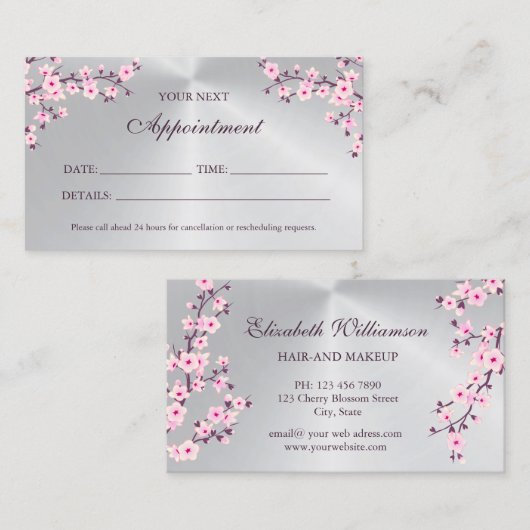 さくらんぼブロッサムピンクシルバーアポイントメントカード 名刺