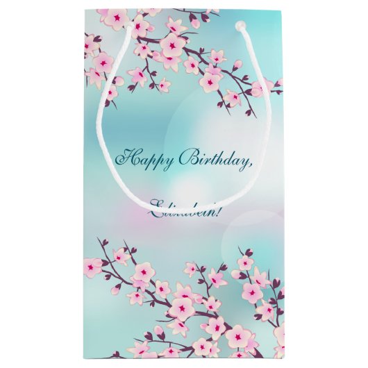 さくらんぼブロッサムピンクターコイズカスタム誕生日  スモールペーパーバッグ (裏面)