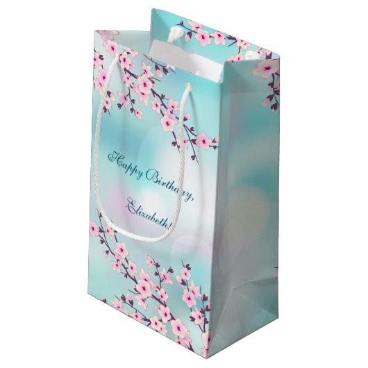 さくらんぼブロッサムピンクターコイズカスタム誕生日  スモールペーパーバッグ (裏面アングル)