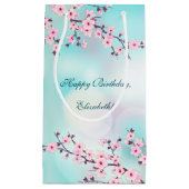 さくらんぼブロッサムピンクターコイズカスタム誕生日  スモールペーパーバッグ (正面)