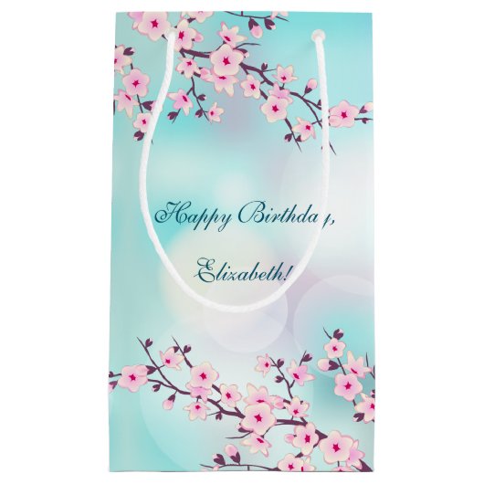 さくらんぼブロッサムピンクターコイズカスタム誕生日  スモールペーパーバッグ (正面)