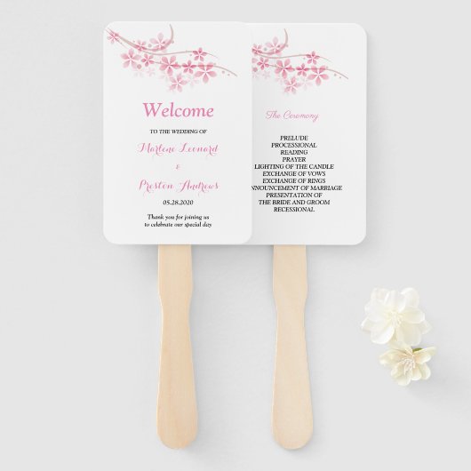 さくらんぼブロッサムピンクネイビーフローラ結婚式 プログラム ハンドファン (正面&裏面)