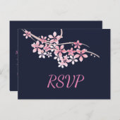 さくらんぼブロッサムピンクネイビーRSVP インビテーションポストカード (正面/裏面)