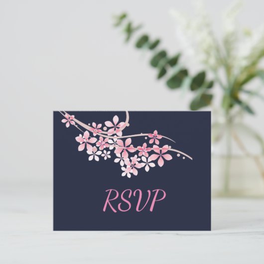 さくらんぼブロッサムピンクネイビーRSVP インビテーションポストカード (スタンド正面)