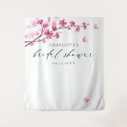 さくらんぼブロッサムピンクバタフライブライダルシャワー タペストリー (正面)