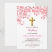 さくらんぼブロッサムピンクフローラクロスガールバプテスマ 招待状 (正面/裏面)