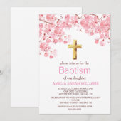さくらんぼブロッサムピンクフローラクロスガールバプテスマ 招待状 (正面/裏面)