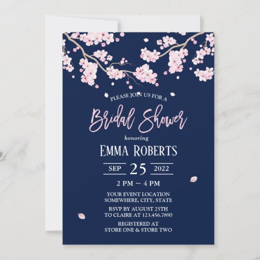 さくらんぼブロッサムピンクフローラネイビーブライダルシャワー 招待状 (正面)