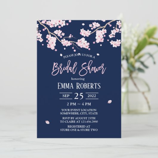 さくらんぼブロッサムピンクフローラネイビーブライダルシャワー 招待状 (スタンド正面)