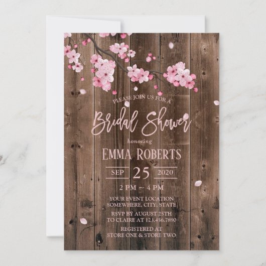 さくらんぼブロッサムピンクフローラバーンウッドブライダルシャワー 招待状 (正面)