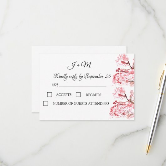 さくらんぼブロッサムピンクフローラ花結婚式RSVP 出欠カード (正面/裏面インサイチュ)