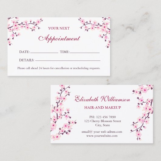 さくらんぼブロッサムピンクホワイトアポイントメントカード 名刺 (正面/裏面)