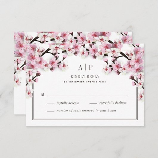 さくらんぼブロッサムピンクホワイトウェディングRSVPカード 出欠カード (正面/裏面)