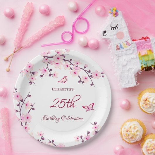 さくらんぼブロッサムピンクホワイトカスタム誕生日 ペーパープレート (パーティー)