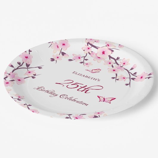 さくらんぼブロッサムピンクホワイトカスタム誕生日 ペーパープレート (アングル)