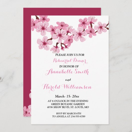さくらんぼブロッサムピンクホワイトフローラリハーサルディナー 招待状 (正面/裏面)