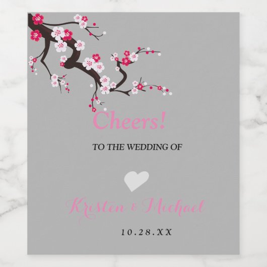 さくらんぼブロッサムピンクホワイトフローラ結婚ズザワイン ワインラベル (シングルラベル)