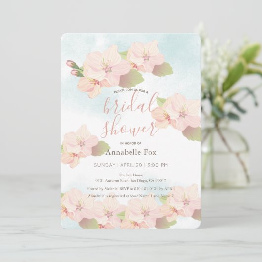 さくらんぼブロッサムピンク水彩ブライダルシャワー 招待状 (スタンド正面)