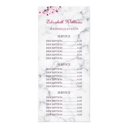 さくらんぼブロッサムピンク灰色の大理石サービス価格 ラックカード (正面)