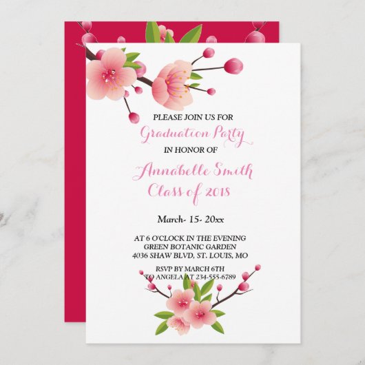 さくらんぼブロッサムピンク白フローラ卒業パーティー 招待状 (正面/裏面)