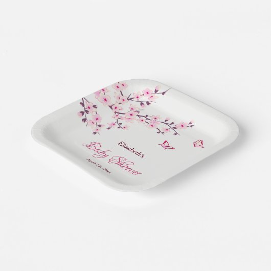 さくらんぼブロッサムピンク白ベビーシャワー ペーパープレート (傾斜あり)