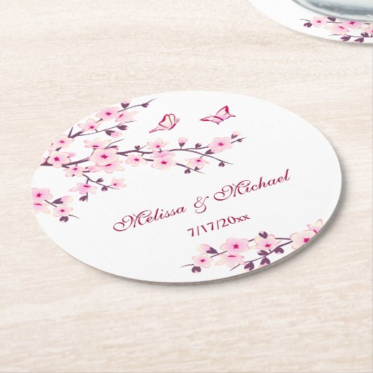 さくらんぼブロッサムピンク結婚ホワイト ラウンドペーパーコースター (アングル)