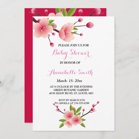 さくらんぼブロッサムピンク緑のフローラベビーシャワー 招待状 (正面/裏面)
