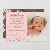 さくらんぼブロッサムピンク&ブラウンベビーガールフォト誕生 案内状 (正面/裏面)