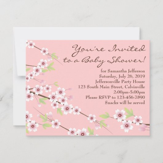 さくらんぼブロッサムピンク&ブラウンベビーシャワー 招待状 (正面)