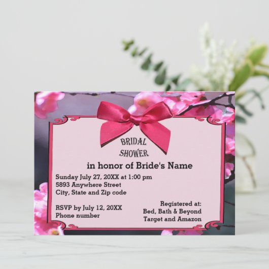 さくらんぼブロッサムフレーム&ピンクボウブライダルシャワーInv 招待状 (スタンド正面)