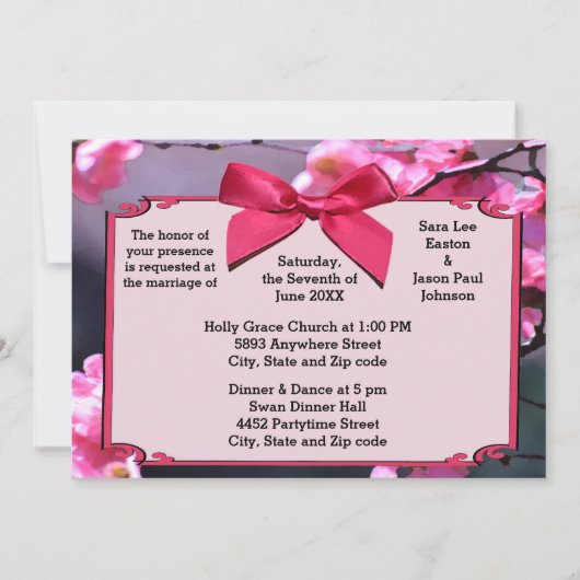 さくらんぼブロッサムフレーム&ピンクボウ結婚式招待状 招待状 (正面)