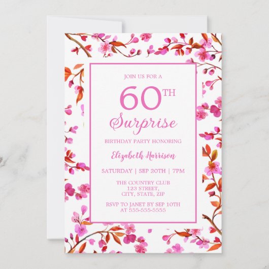 さくらんぼブロッサムフローラサプライズピンク誕生日 招待状 (正面)