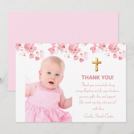 さくらんぼブロッサムフローラフォトクロスガールバプテスマ サンキューカード (正面/裏面)